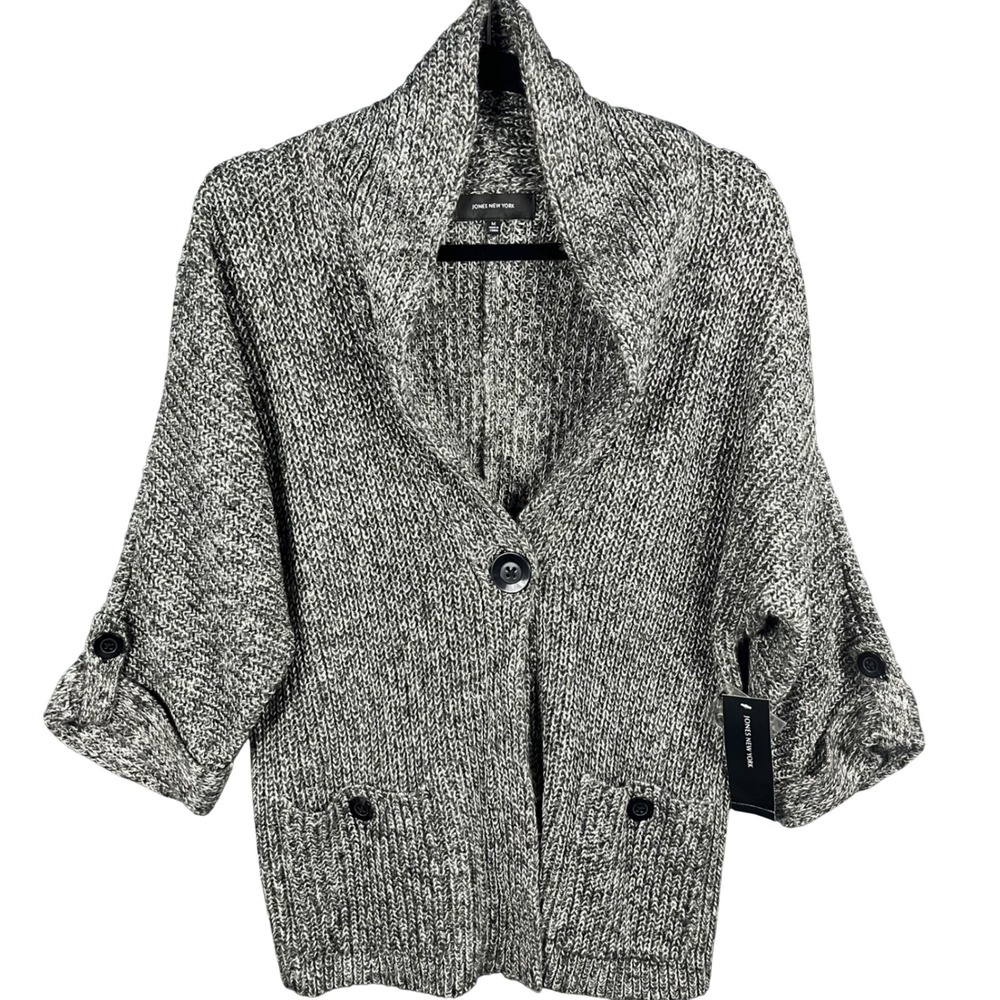 Jones New York Cardigan Women Medium Black White Marled Knit Shawl Collar NWT - Picture 1 of 9